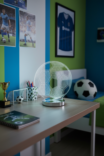 Lámpara sobremesa ilusión 3D balón fútbol LED CCT Trio Lighting encendida en habitación juvenil