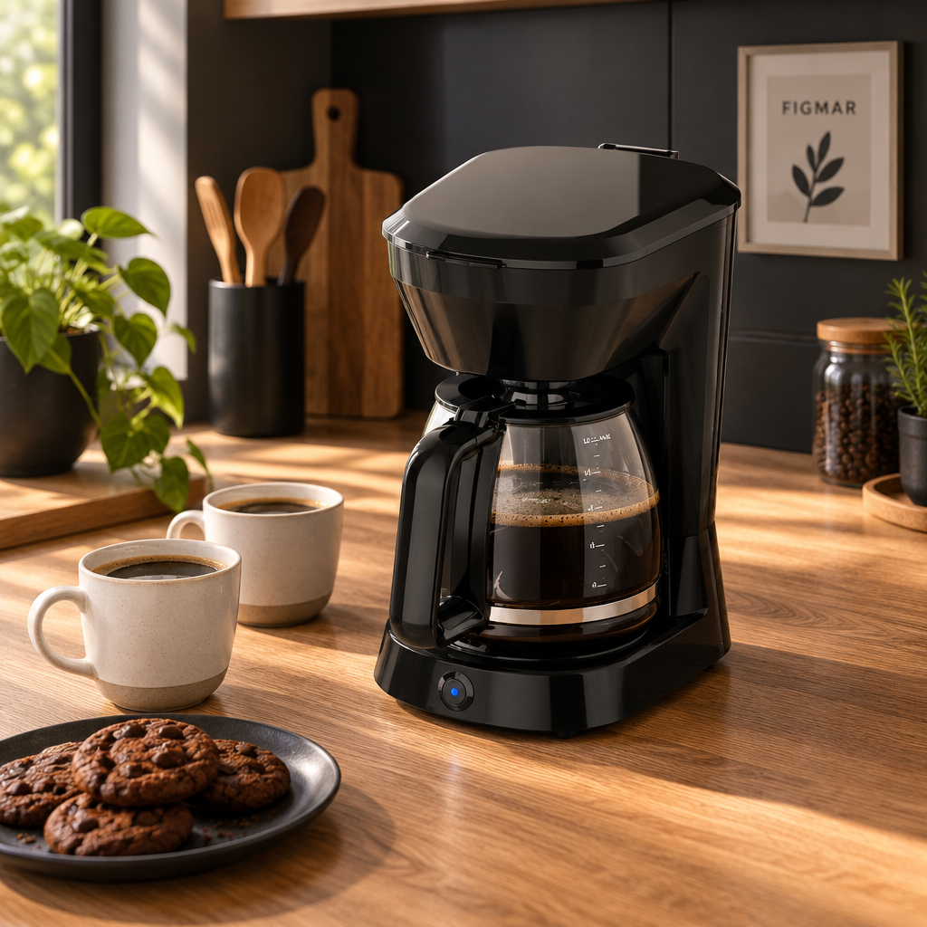 Cafetera de goteo Pecas negra en una cocina moderna con café y galletas de chocolate