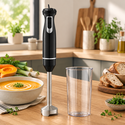 Batidora de mano Voiga 800 W negra junto a un bol de crema de verduras