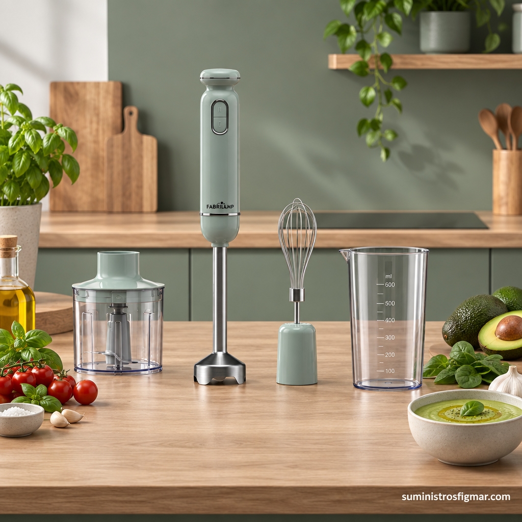 Batidora de mano Kent verde de 600 W con sus accesorios en una cocina moderna, imagen de Suministros Figmar