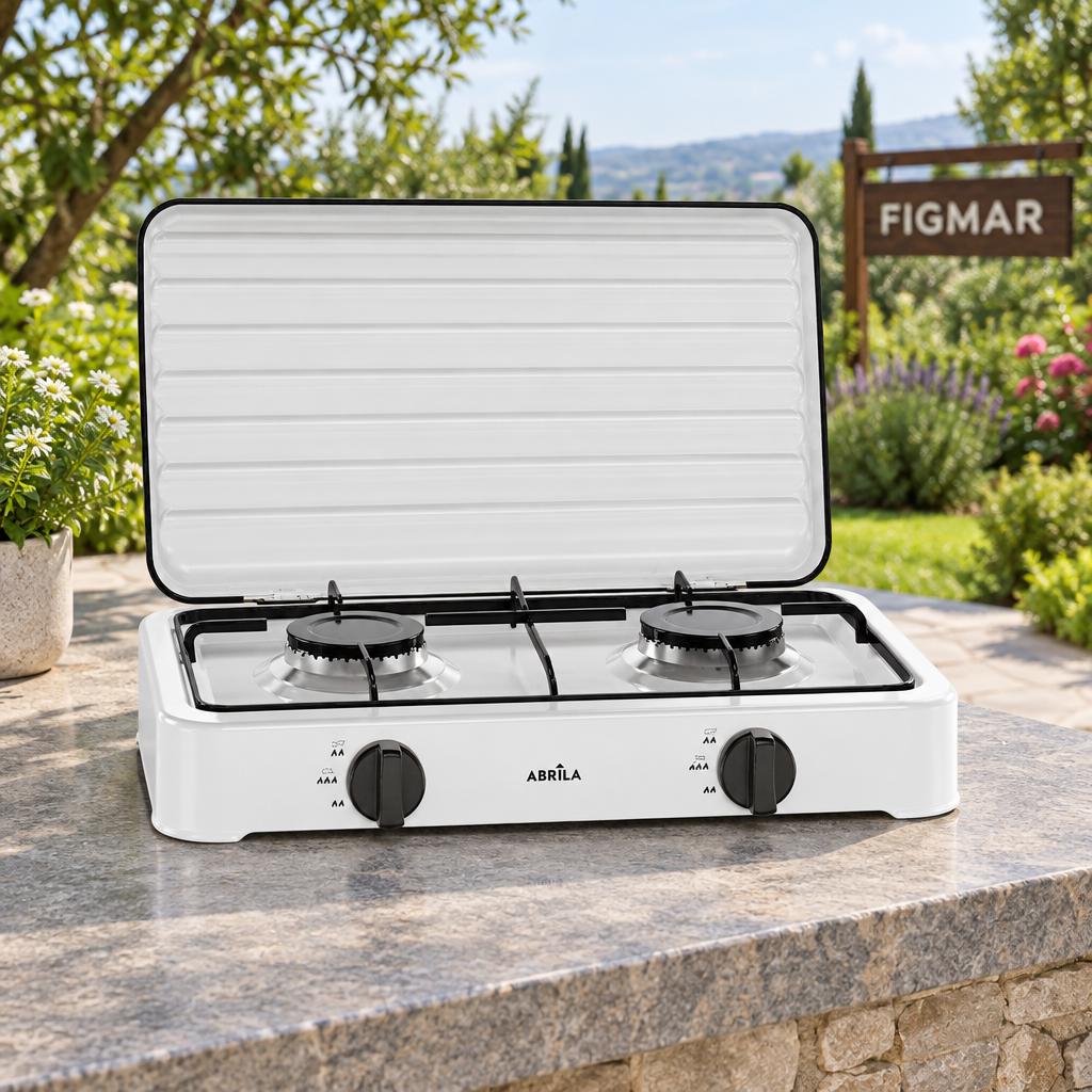 Cocina Foster de dos quemadores en una terraza exterior con Figmar en el fondo