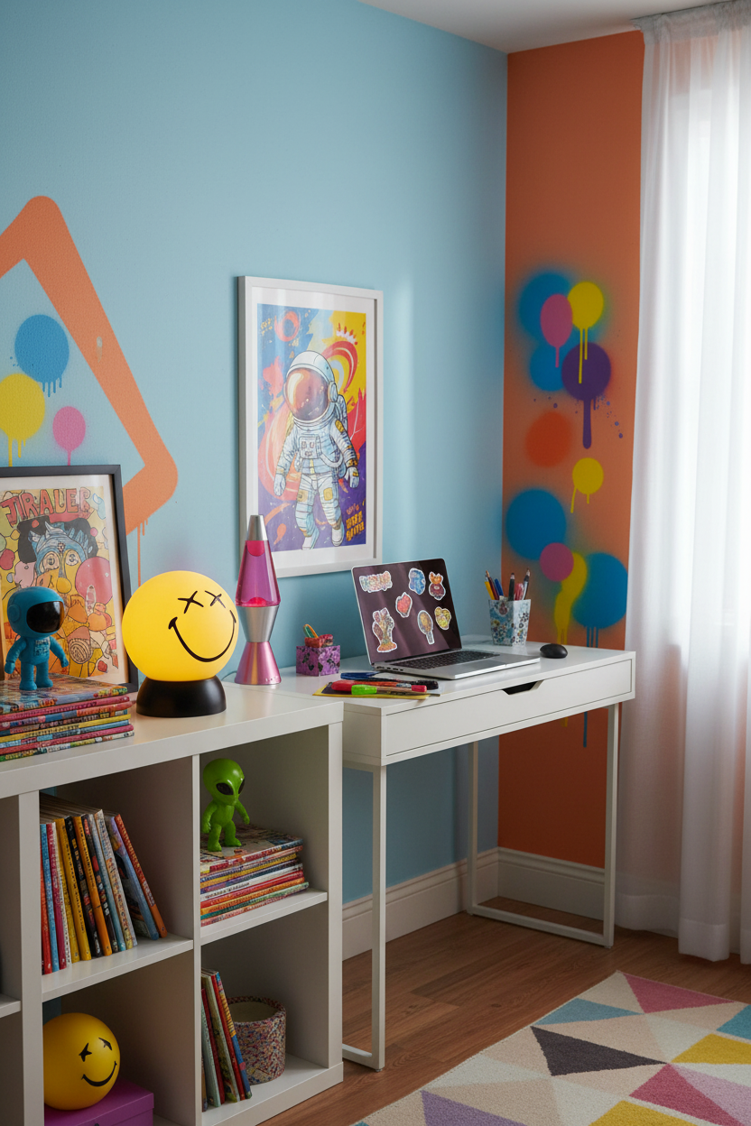 Lámpara sobremesa smiley ojos X amarilla E27 Onli encendida en habitación juvenil pop