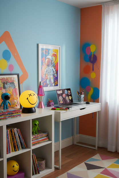 Lámpara sobremesa smiley ojos X amarilla E27 Onli encendida en habitación juvenil pop