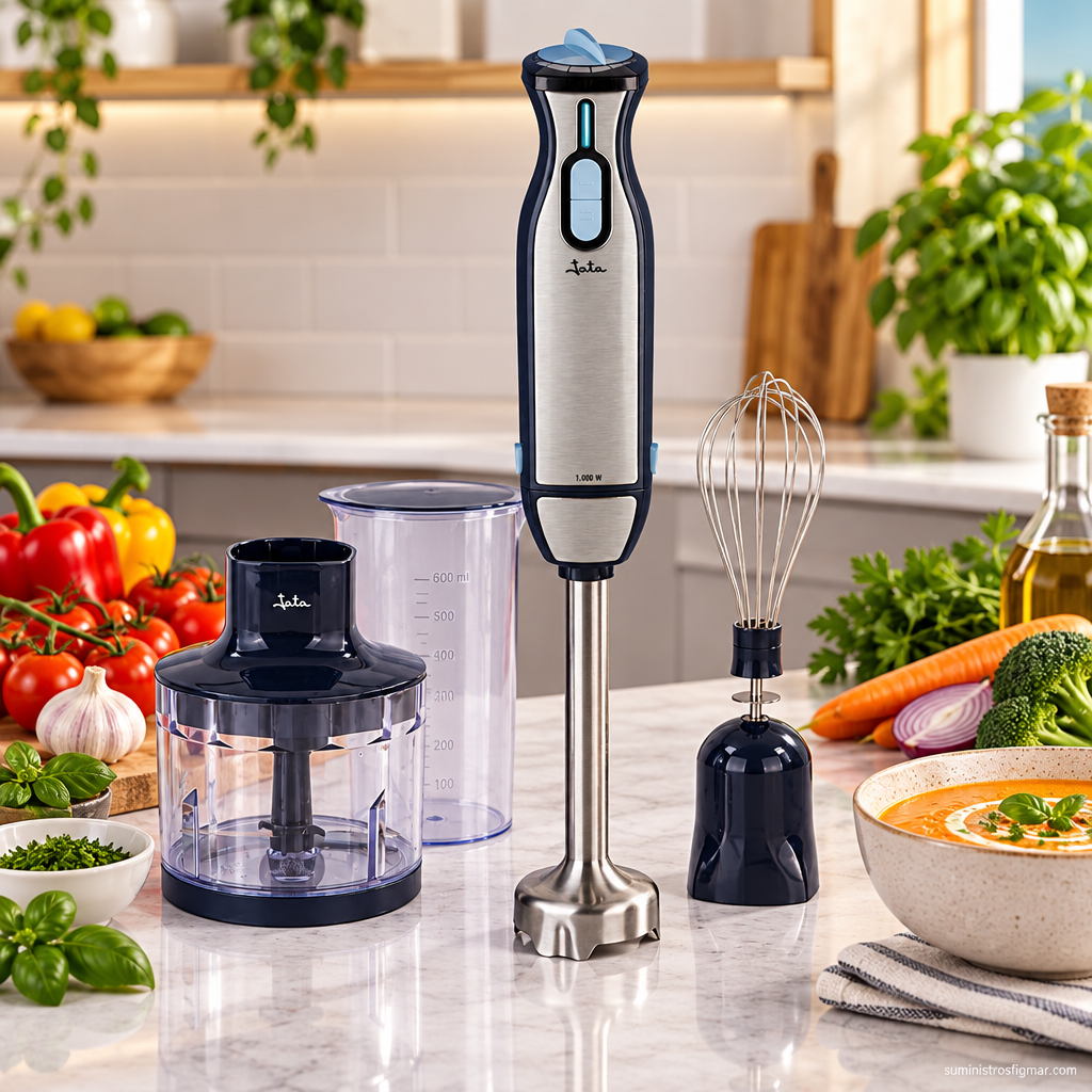Batidora de mano JATA 1000 W con accesorios en una cocina moderna, imagen de Suministros Figmar