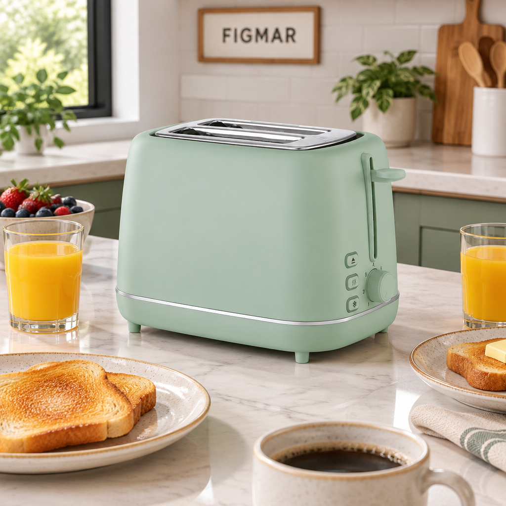 Escena ilustrativa de tostador verde de dos ranuras en barra de desayuno con FIGMAR al fondo