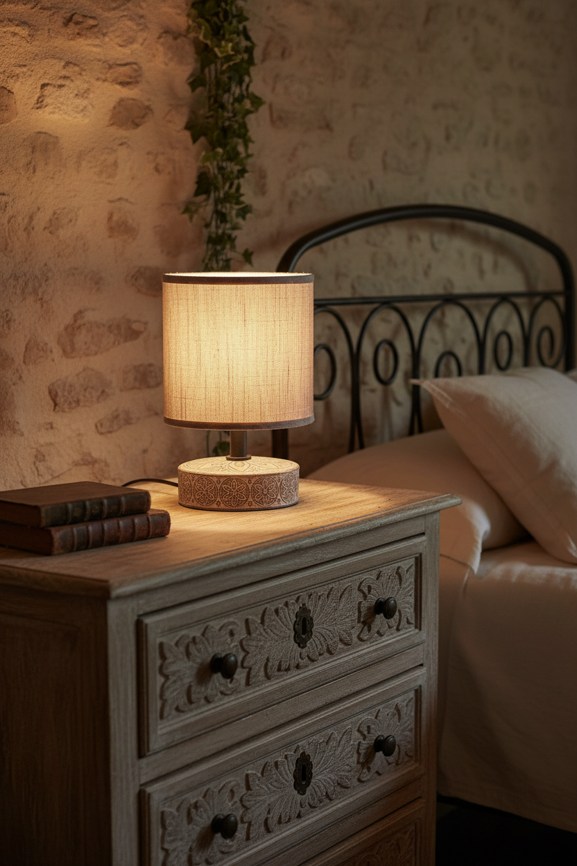 Lámpara sobremesa cerámica marrón relieve floral E14 Marie Trio Lighting en dormitorio rústico