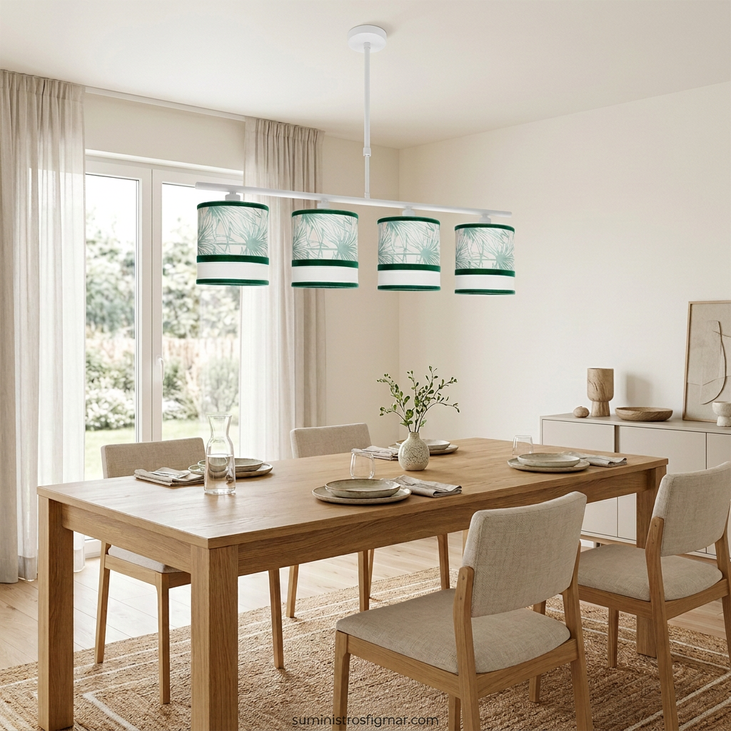 Recreación de lámpara de techo Caledonia blanca y verde de cuatro luces E14 sobre mesa de comedor