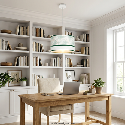 Recreación de lámpara Caledonia blanca y verde de 40 cm en un estudio con escritorio de madera