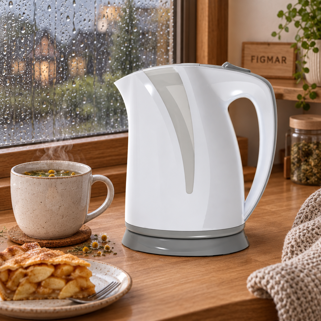 Hervidor de agua Perú blanco y gris junto a la ventana en una tarde de lluvia con infusión y tarta de manzana