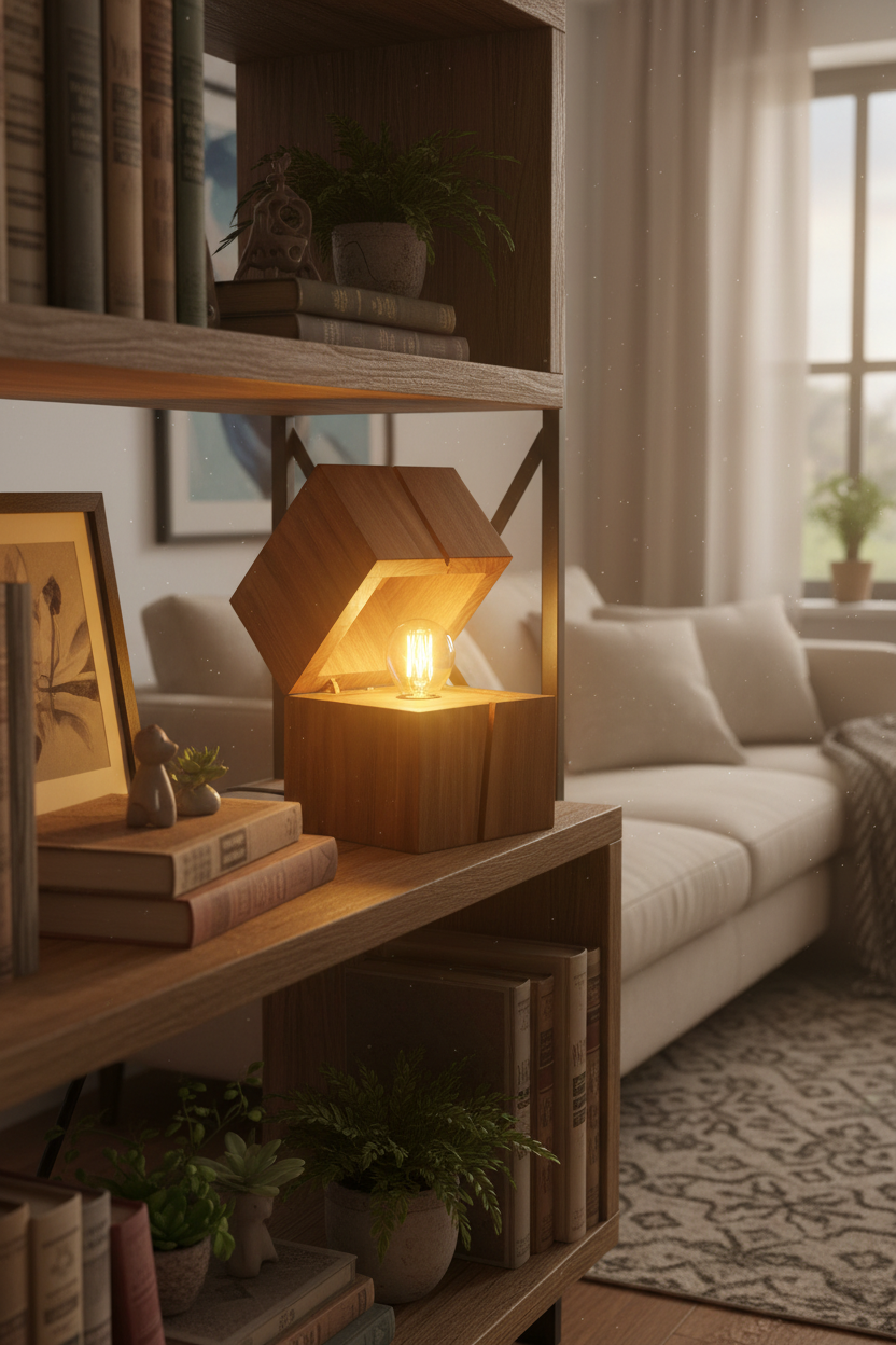 Lámpara sobremesa cofre cúbico madera natural LED filamento Treasure Trio Lighting abierta encendida