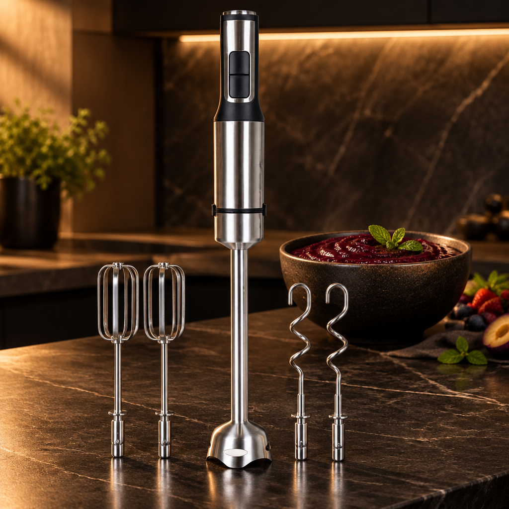 Batidora de mano JATA 1200 W con pie extra largo sobre una encimera de piedra oscura y elegante