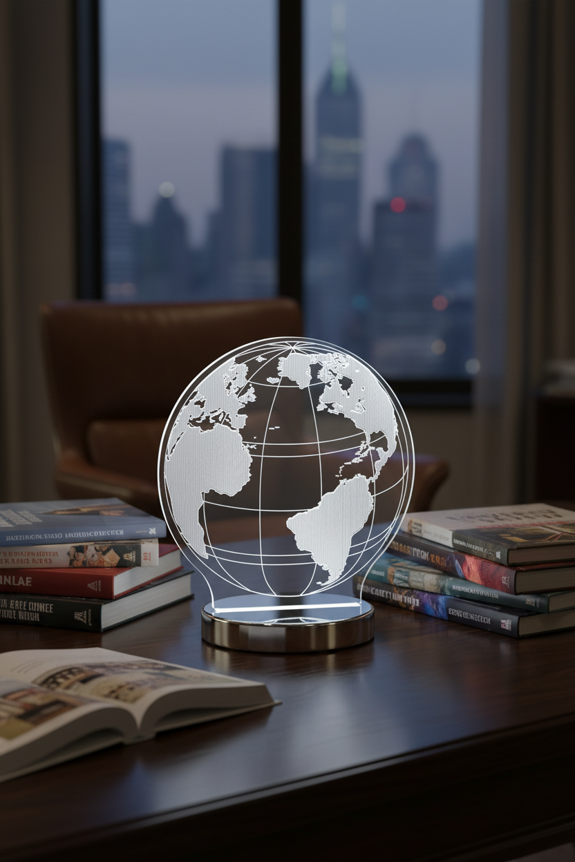 Lámpara sobremesa mapamundi globo 3D LED CCT Trio Lighting encendida en despacho moderno