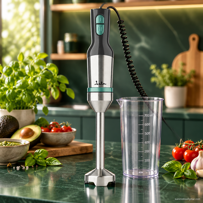 Batidora de mano JATA inox de 1000 W con vaso medidor en una cocina moderna, imagen de Suministros Figmar