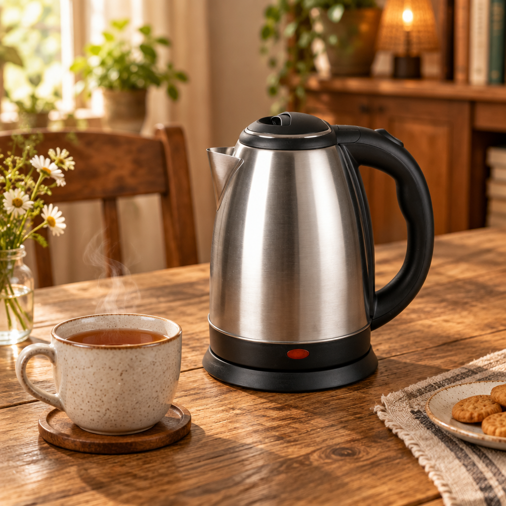 Hervidor eléctrico Flox 1,8 L negro/plata sobre mesa de madera rústica junto a una taza de té