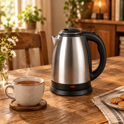 Hervidor eléctrico Flox 1,8 L negro/plata sobre mesa de madera rústica junto a una taza de té