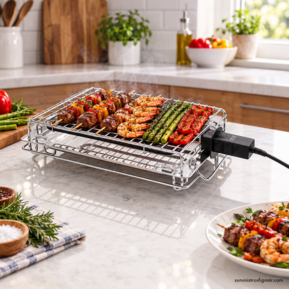 Parrilla Haeger New Alabama de 2400 W con carne, gambas, espárragos y pimientos, imagen de Suministros Figmar