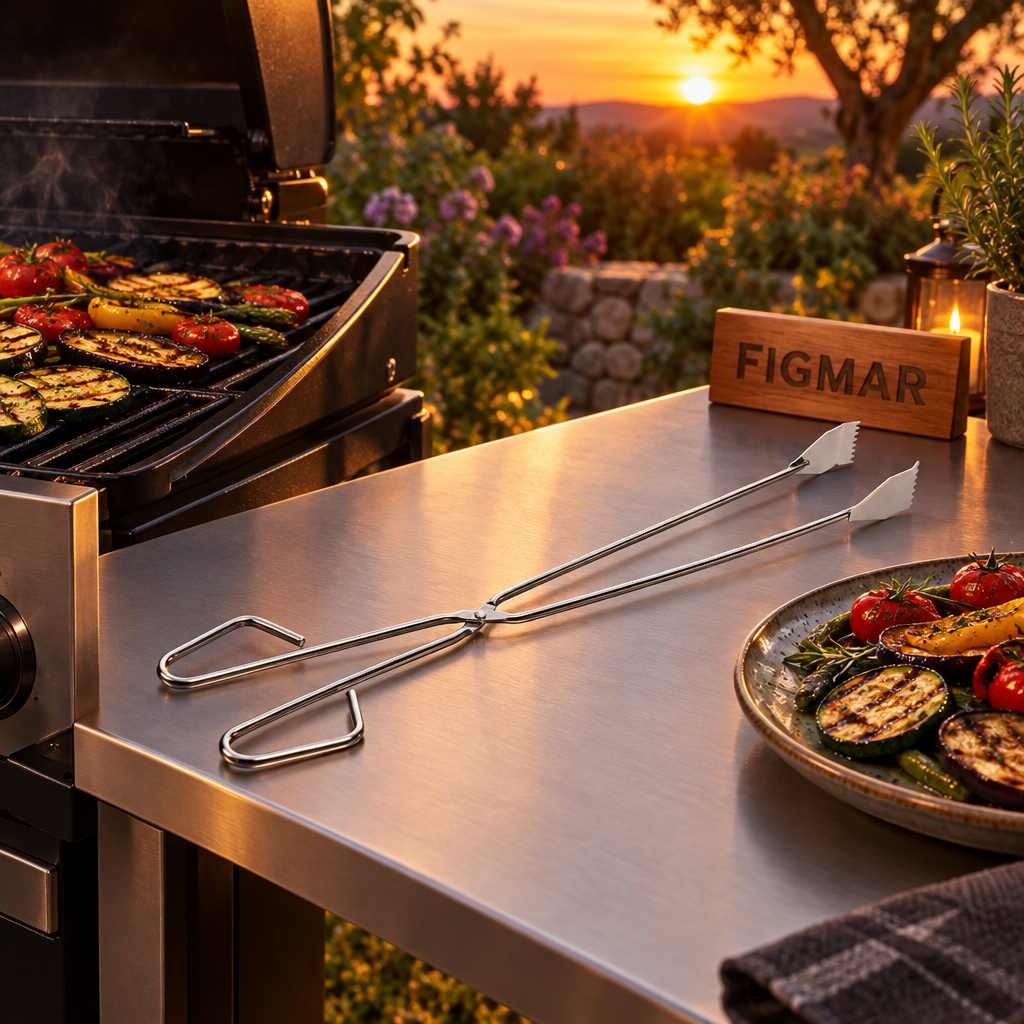 Escena ilustrativa de pinza inoxidable de barbacoa Sauvic 4470 junto a parrilla al atardecer con cartel Figmar