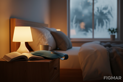 Bolsa eléctrica Penélope Azul en dormitorio acogedor – Suministros Figmar