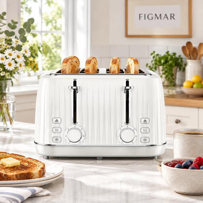 Escena ilustrativa de tostador Jacaranda blanco de cuatro ranuras en cocina con FIGMAR al fondo