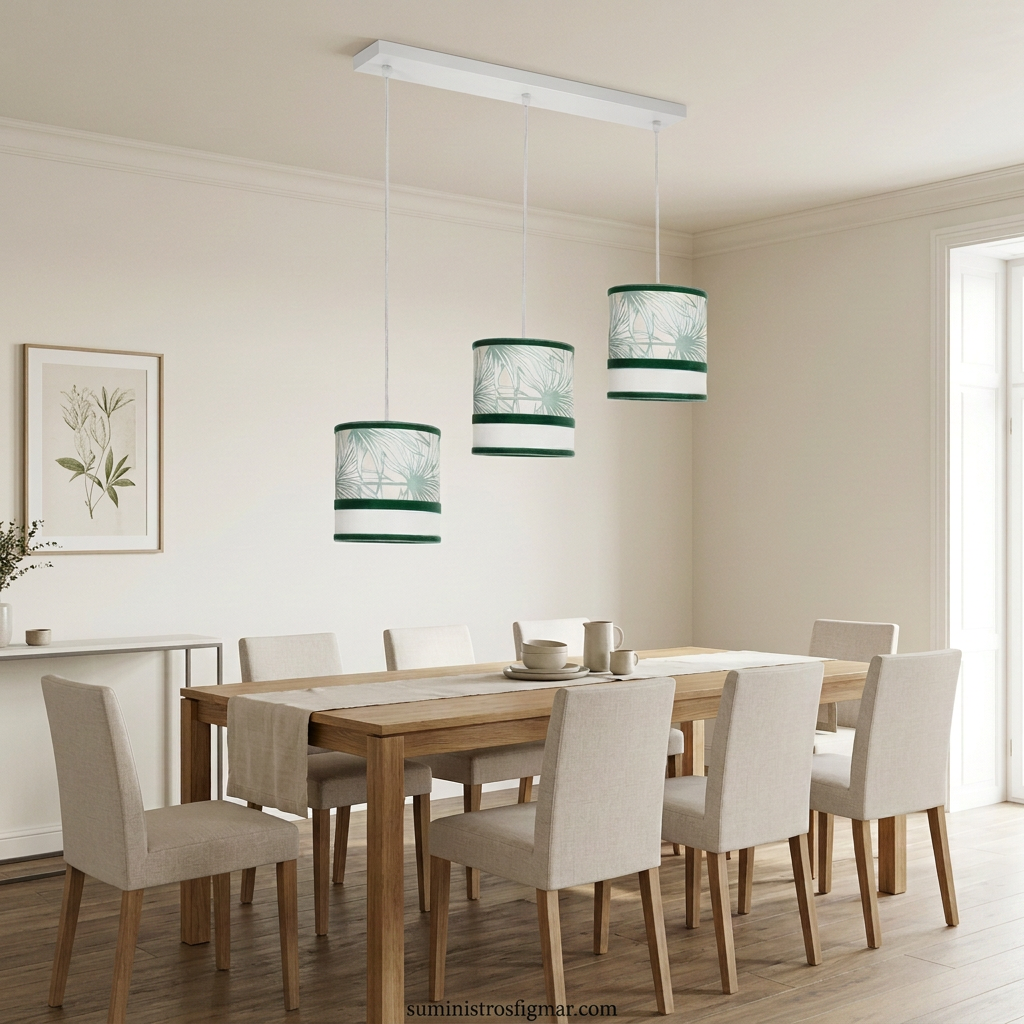 Recreación de regleta Caledonia blanca y verde de tres luces sobre una mesa de comedor