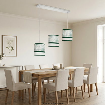 Recreación de regleta Caledonia blanca y verde de tres luces sobre una mesa de comedor