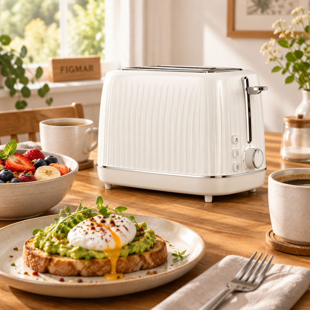 Tostador Jacaranda blanco en un brunch con tostada de aguacate, huevo poché y fruta