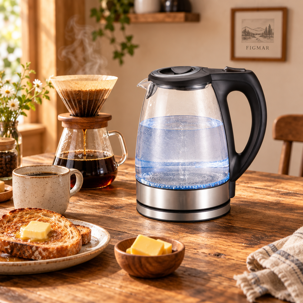 Hervidor de agua Tobago de cristal en un desayuno rústico con café de filtro y tostadas con mantequilla