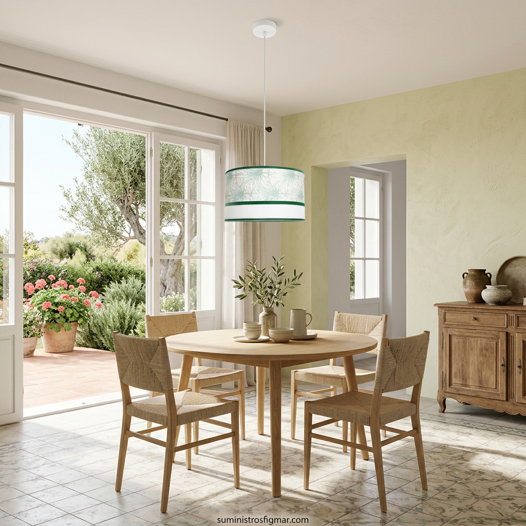 Recreación de lámpara colgante Caledonia blanca y verde de 40 cm sobre una mesa de comedor