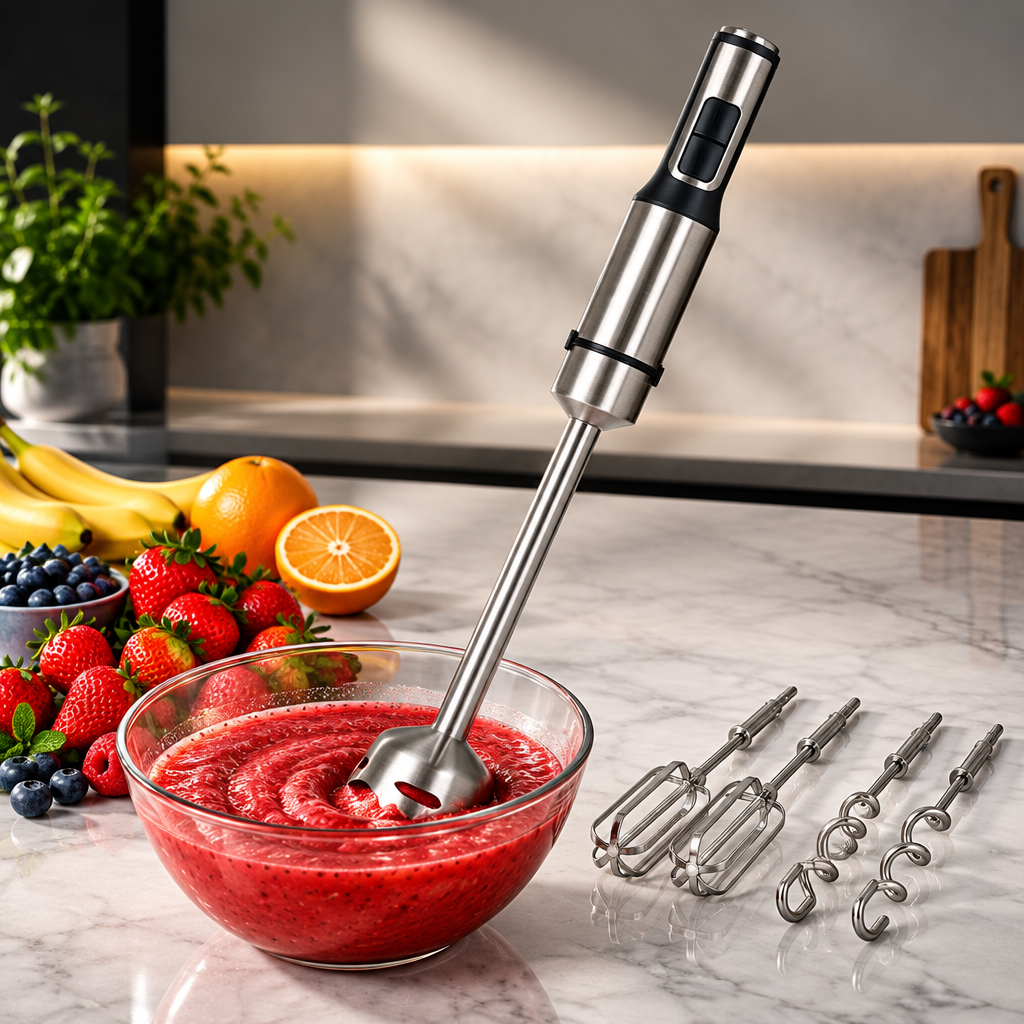 Batidora de mano JATA 1200 W con pie extra largo en una cocina moderna junto a una preparación de fruta