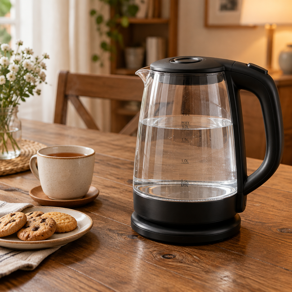 Hervidor eléctrico Frijol negro con cuerpo de cristal sobre mesa de madera rústica junto a una taza de té