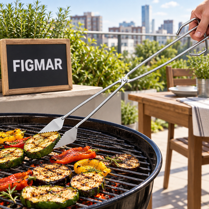 Escena ilustrativa de pinza inoxidable de barbacoa Sauvic 4470 en terraza con cartel Figmar