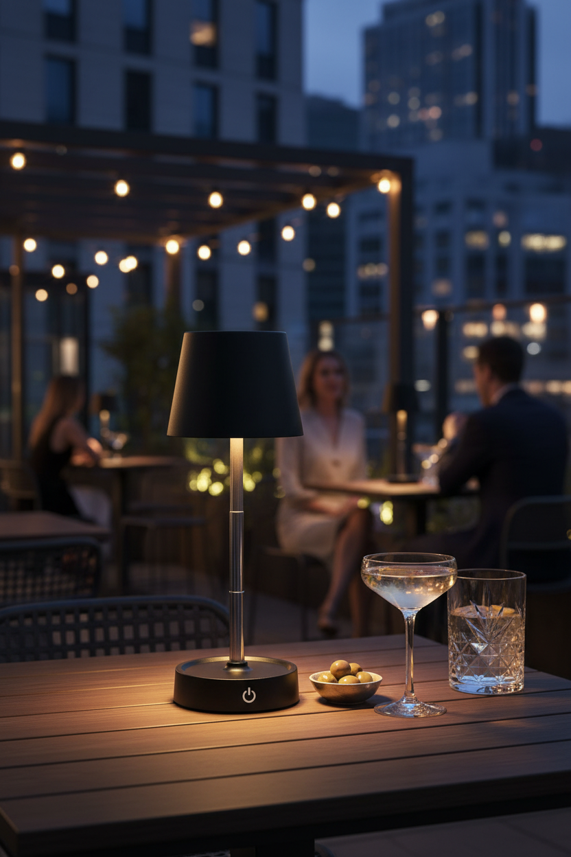 Lámpara sobremesa LED telescópica recargable negra Carlos Globo Lighting en mesa de bar urbano moderno