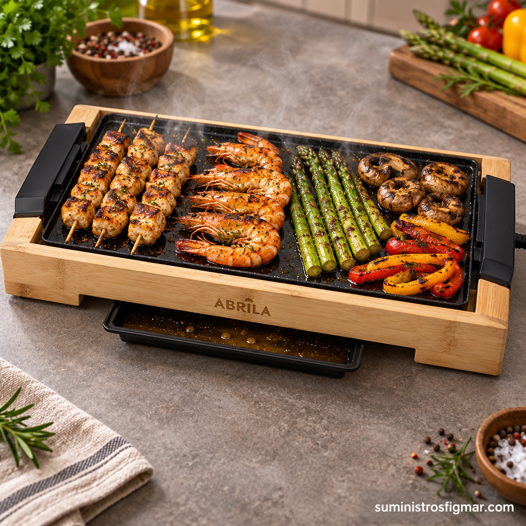 Detalle de la plancha Ozuki con brochetas de pollo, gambas, espárragos, pimientos y champiñones, imagen de Suministros Figmar