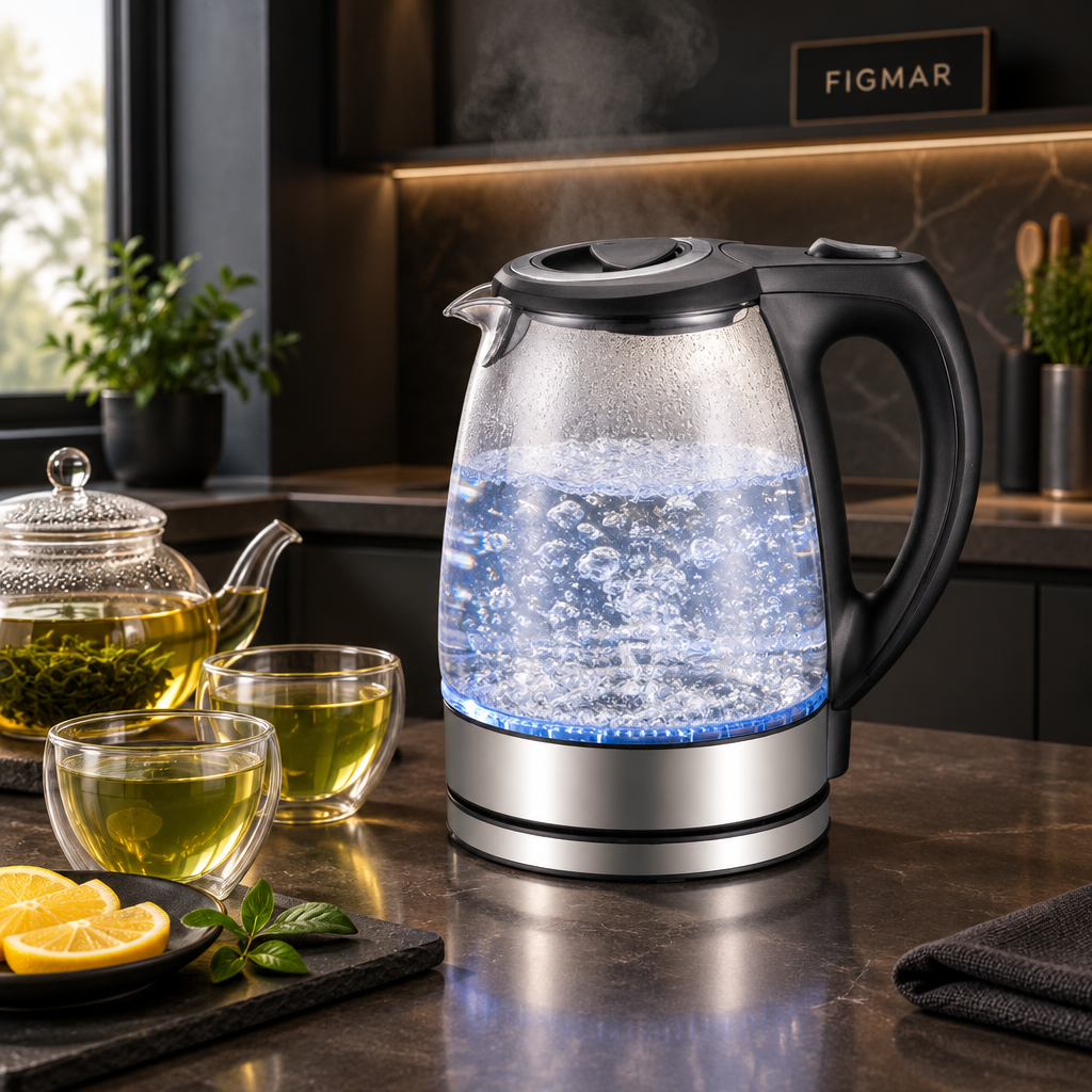 Hervidor de agua Tobago de cristal en una cocina moderna oscura con té verde y limón