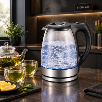 Hervidor de agua Tobago de cristal en una cocina moderna oscura con té verde y limón