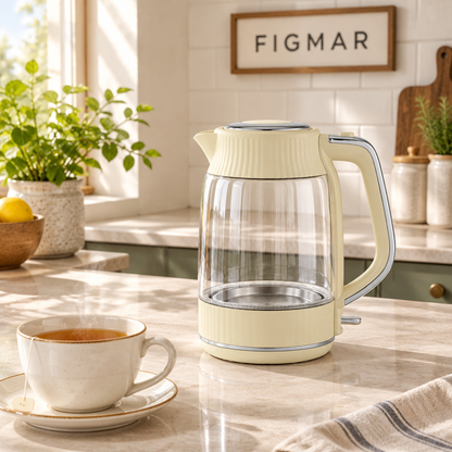 Escena ilustrativa de hervidor beige de cristal en cocina con cartel FIGMAR al fondo