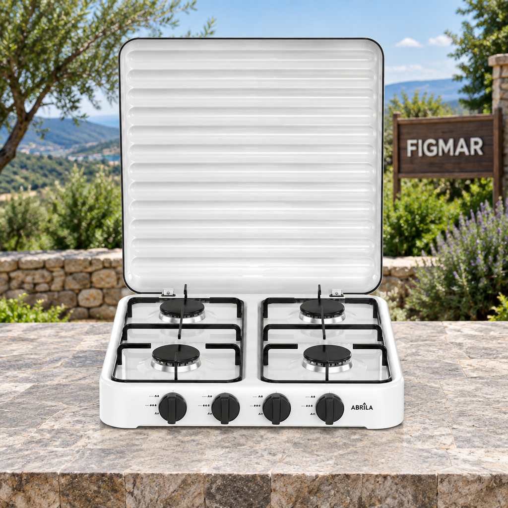 Detalle de los cuatro quemadores y mandos de la cocina Foster con fondo Figmar