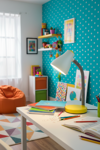Flexo escritorio brazo flexible amarillo E27 F-Bright encendido en habitación juvenil colorida