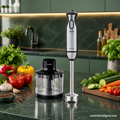 Batidora de mano HAEGER Extreme Chopper de 1000 W con picadora en una cocina moderna, imagen de Suministros Figmar
