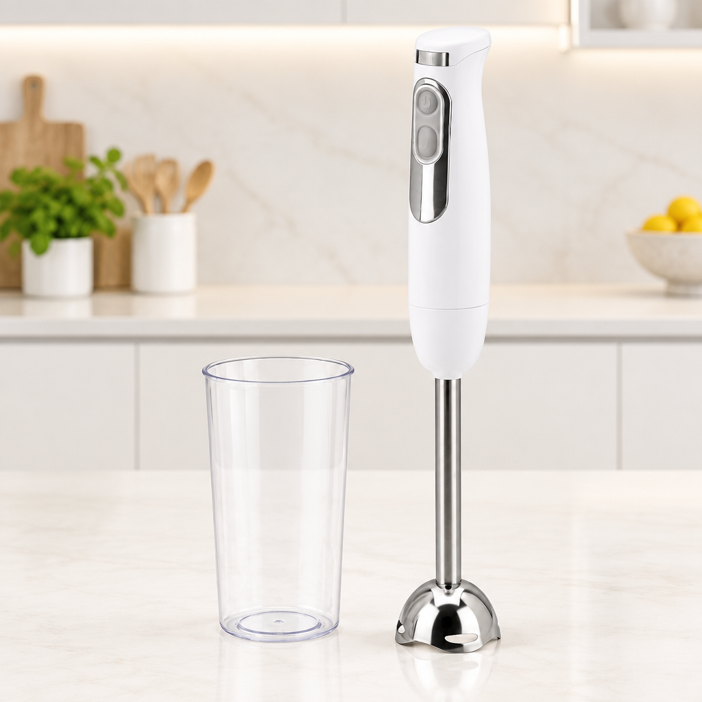 Batidora de mano JATA de 700 W con vaso medidor sobre una encimera clara y limpia