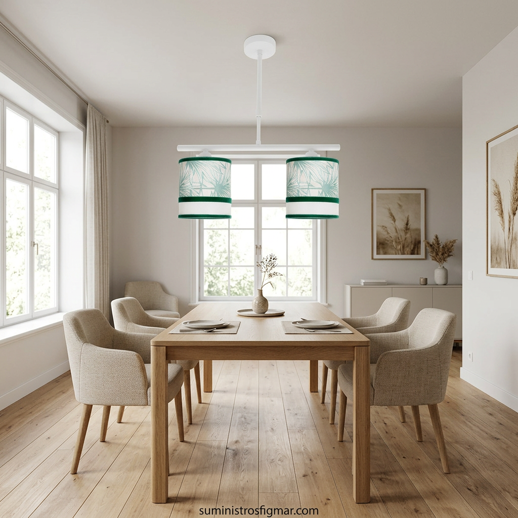 Recreación de lámpara Caledonia blanca y verde de 43 cm y dos luces E14 en comedor