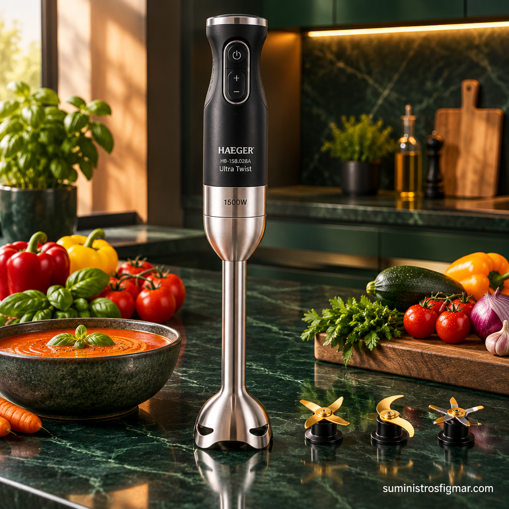 Batidora de mano HAEGER Ultra Twist 1500 W en una cocina moderna, imagen de Suministros Figmar