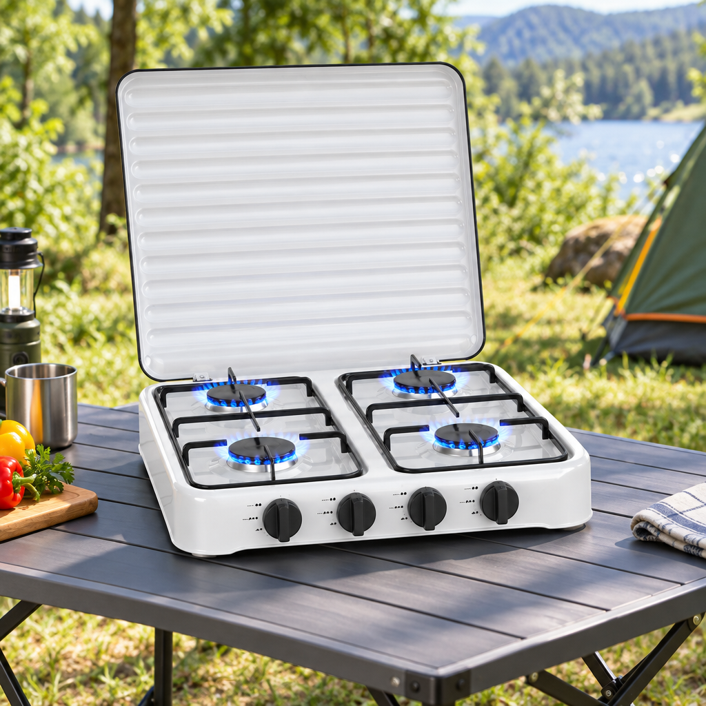 Cocina de gas butano Foster blanca de 4 quemadores encendida en una mesa de camping al aire libre