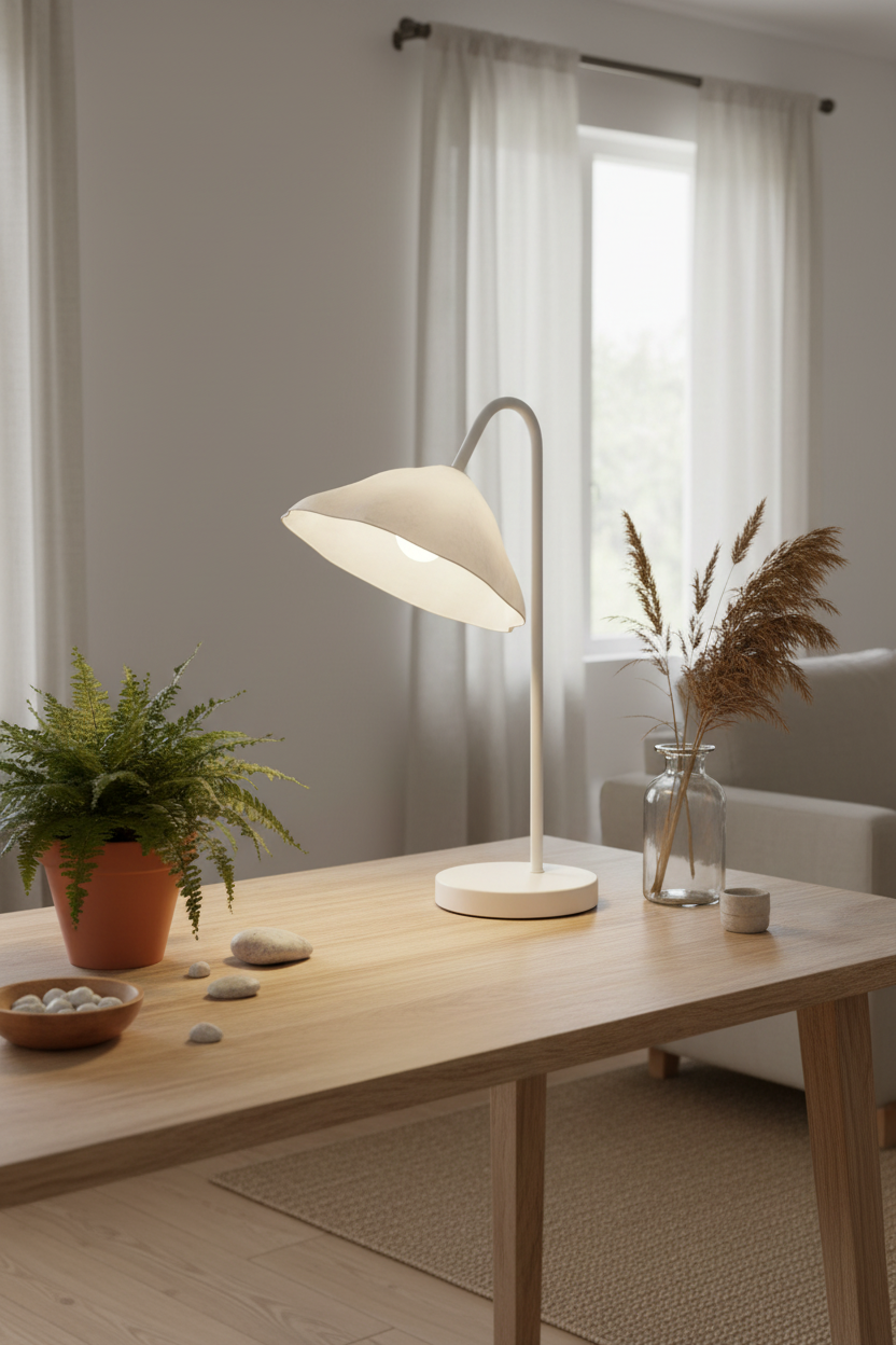 Lámpara sobremesa papel maché hoja loto blanca E14 Lotus Leaf Ledvance en salón minimalista eco-friendly
