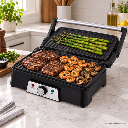 Grill Embrujo de 1600 W abierto con carne, gambas, espárragos y champiñones a la parrilla, imagen de Suministros Figmar