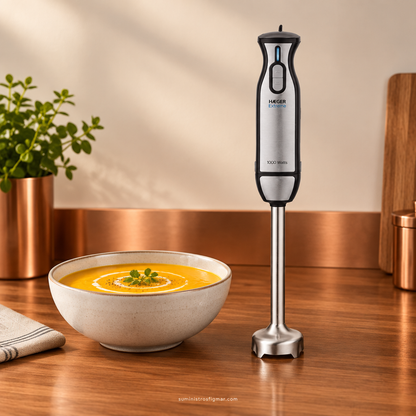 Batidora de mano HAEGER Extreme 1000 W junto a un bol de crema, imagen de Suministros Figmar