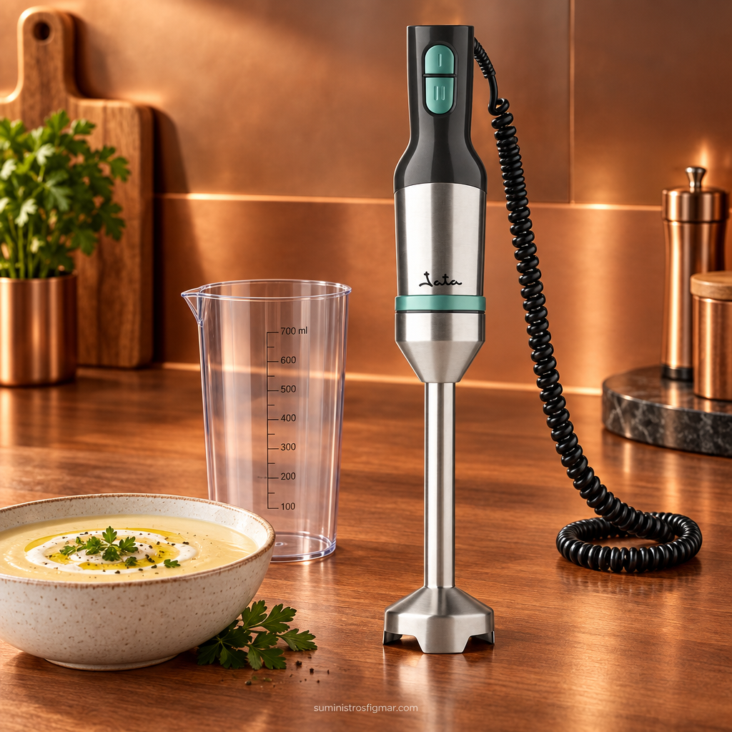 Batidora de mano JATA inox de 1000 W junto a un vaso medidor de 700 ml, imagen de Suministros Figmar