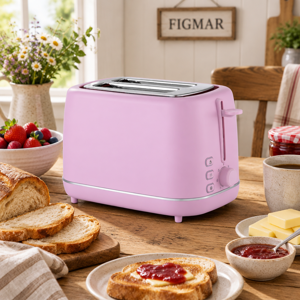 Escena ilustrativa de tostador rosa de dos ranuras en mesa de brunch con FIGMAR al fondo