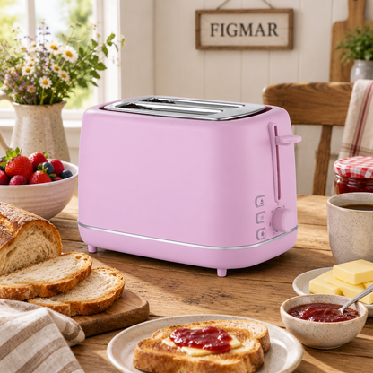 Escena ilustrativa de tostador rosa de dos ranuras en mesa de brunch con FIGMAR al fondo