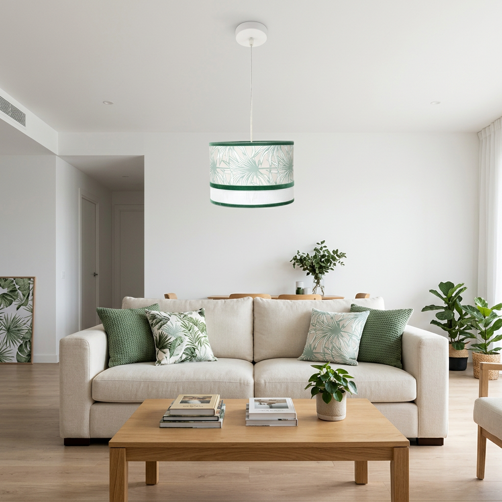 Recreación de lámpara Caledonia blanca y verde de 30 cm en salón con sofá claro